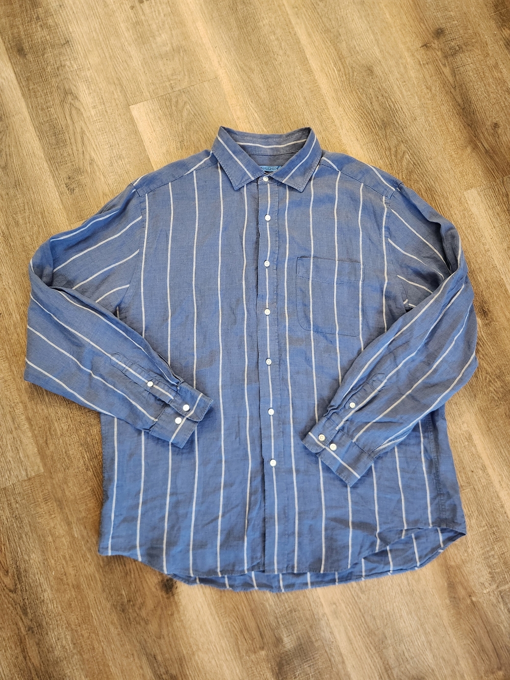 J. McLaughlin Mens XL Blue White Striped Linen Long Sleeve Button Up Pockets